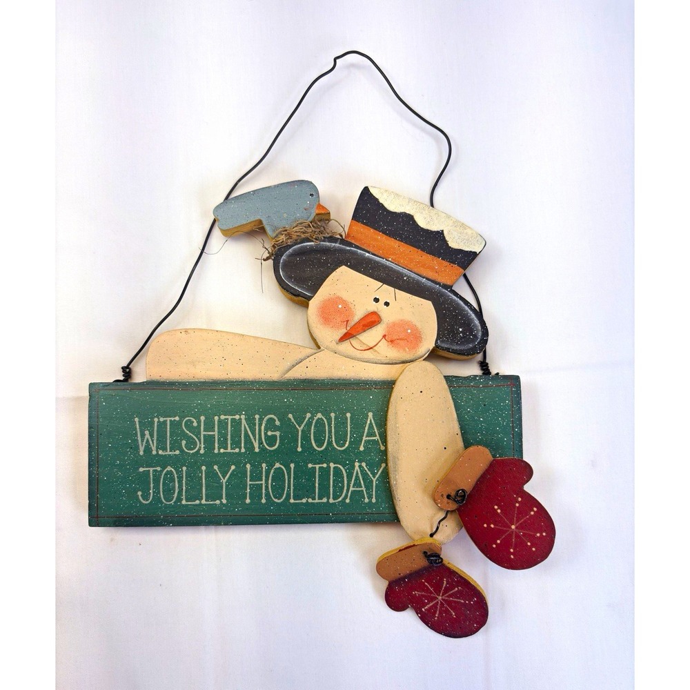 Wood Holiday Hanging Snowman Plaque – "Wishing You a Jolly Holiday" 8x11 - 545